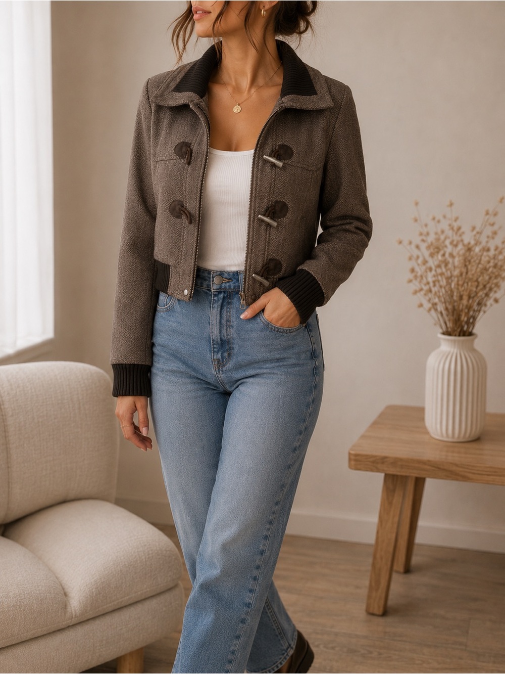 American Eagle Outfitters Brown Cropped Toggle Bomber Jacket Size M